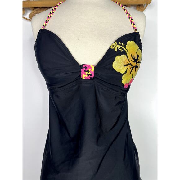 NEW Y2k hibiscus halter swim top Black M - Picture 2 of 6